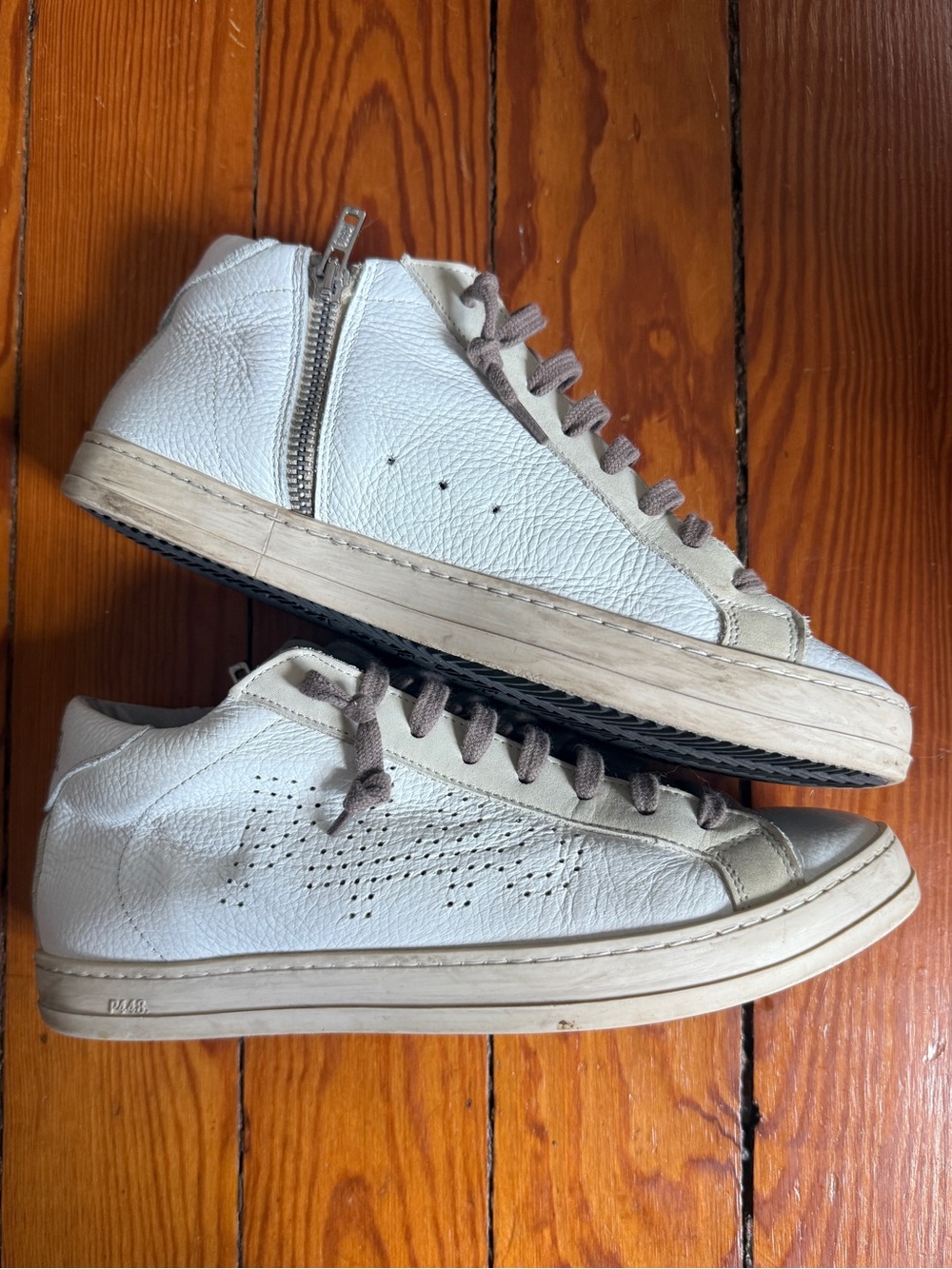 P448 White Leather Sneakers with Taupe Accents